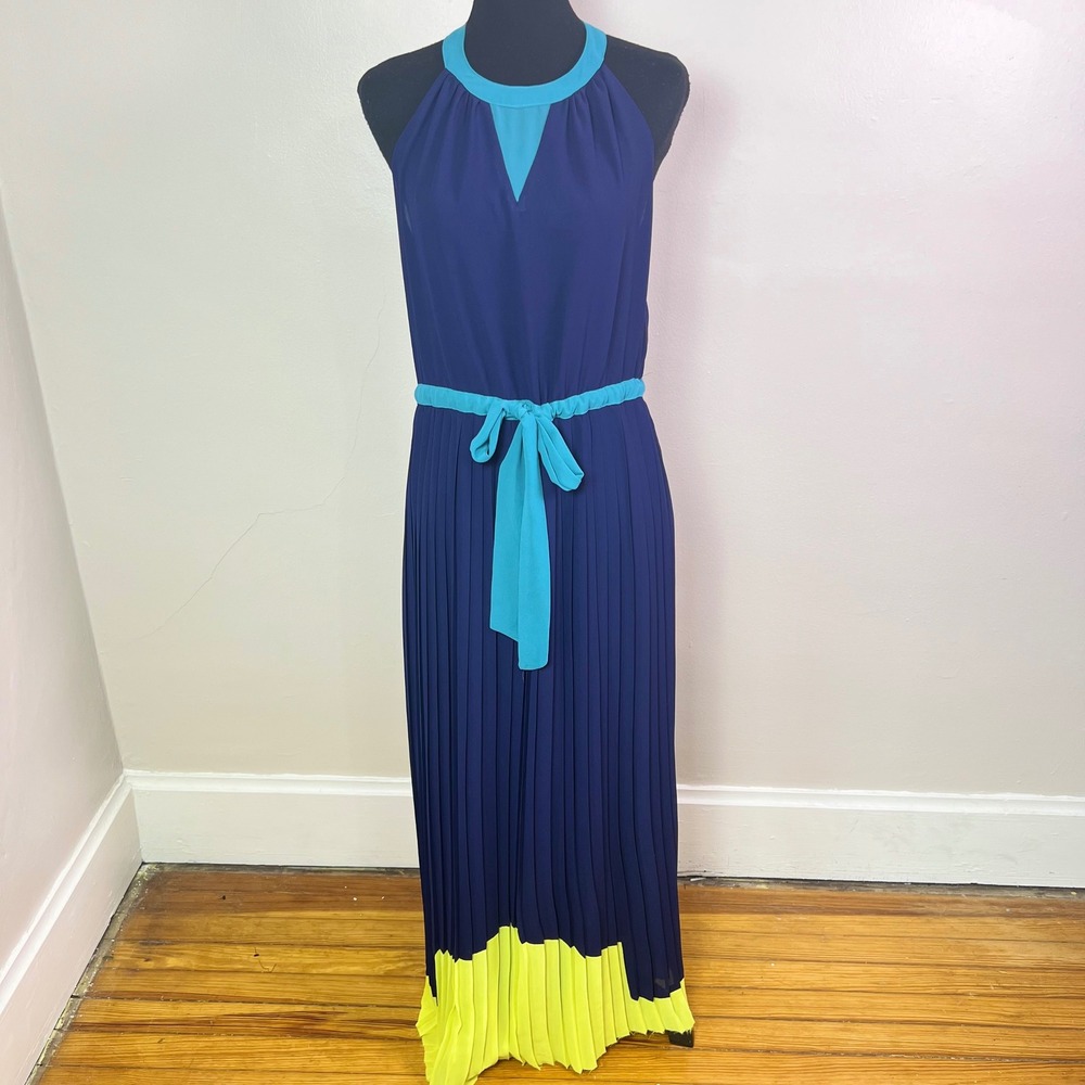 Max Studio Pleated Maxi Dress M Navy Teal Yellow Colorblock Halter Gown Chiffon